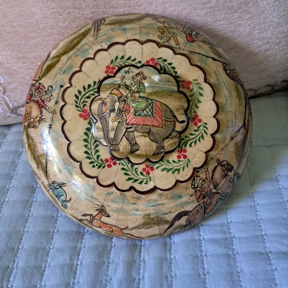 Antique HandPainted Moriage Indian Opium Box w/ Inlaid Camel Bone and Ebony Wood - Picture 1 of 14